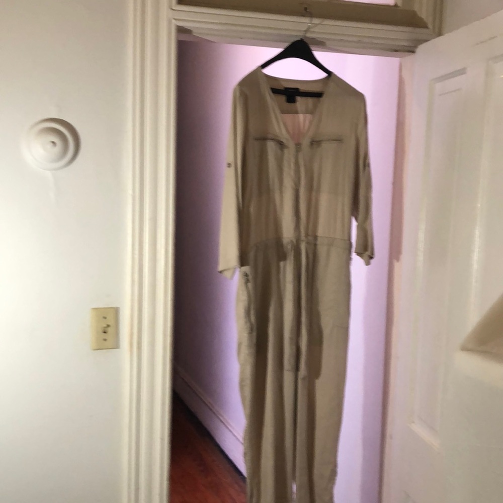 DNKY Beige Zipper Front Elastic Tie Waist Jumpsuit
